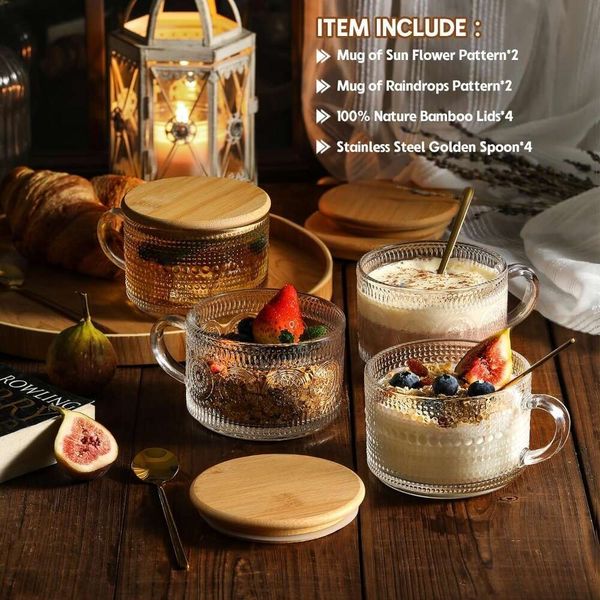 4pcs Set Vintage Coffee Mugs Containers with Bamboo Lids and Spoons 14oz Clear Emed Glass Cups gifts for women