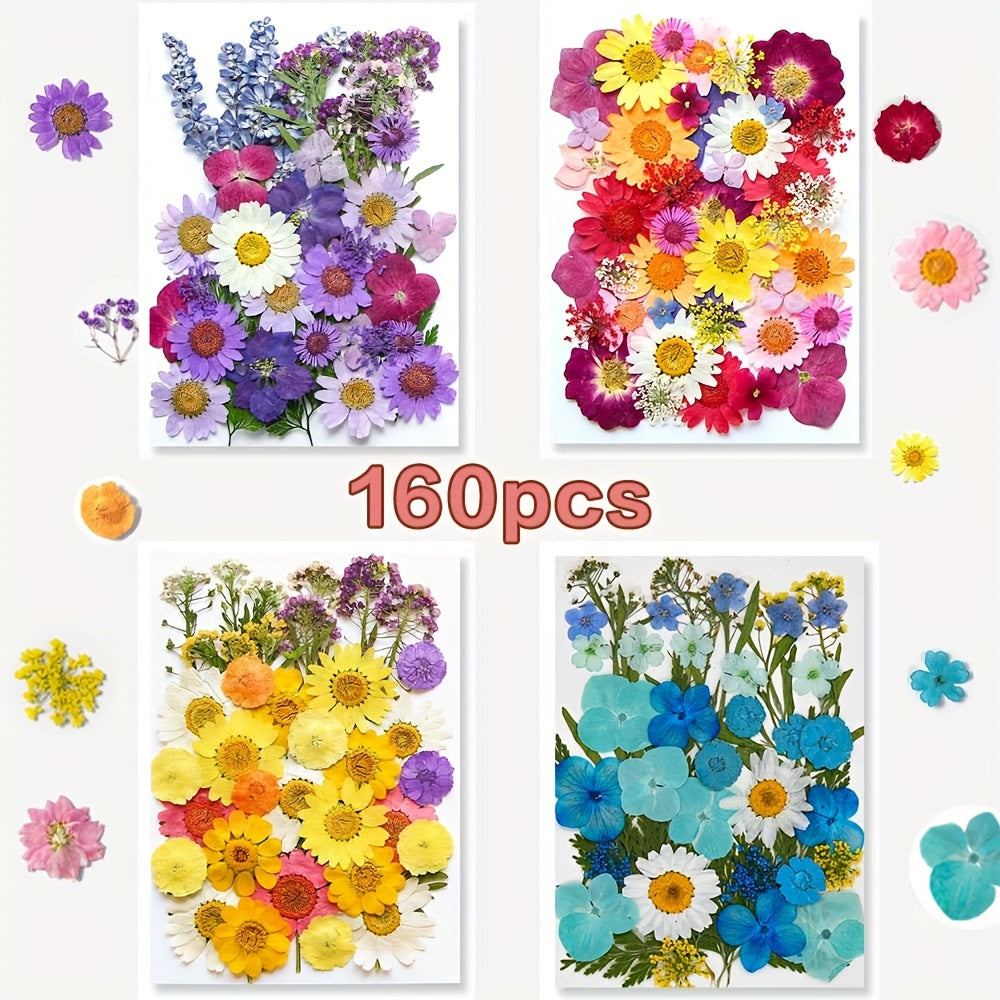 TEMU 153-160pcs Vibrant Dried Pressed Flowers And Leaves Set - Nature-inspired Decoration Kit For Diy Crafts, Resin Jewelry, Scrapbooking And More