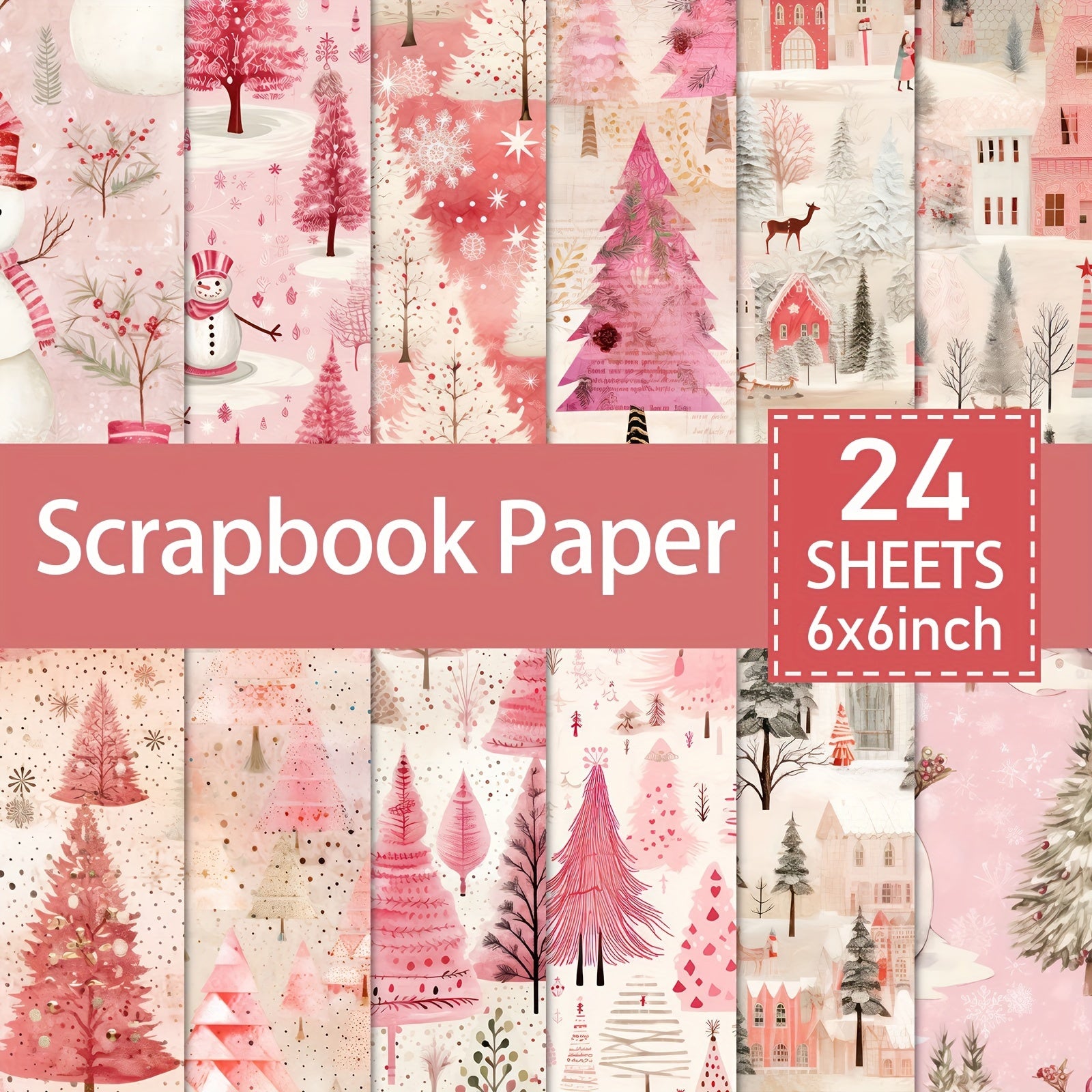 TEMU Asstss Pink Christmas Scrapbooking Paper Pad 24 Sheets - 6x6 Inch Craft Cardstock For Diy Projects, Anniversary & Holiday Themed Decorative