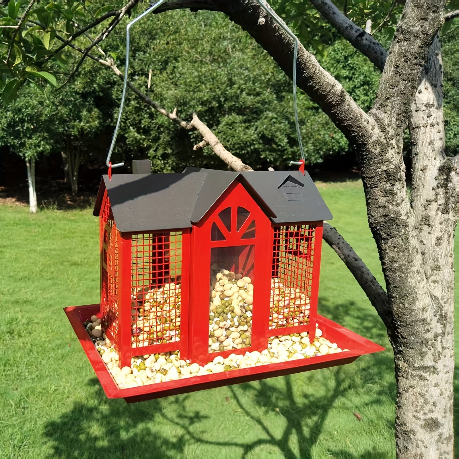 TEMU 1pc Wild Bird Feeders For Outside Hanging, Large Capacity Birdhouse-metal Mesh Cage Wild Birdfeeder With Roof Cover&seed Tray For