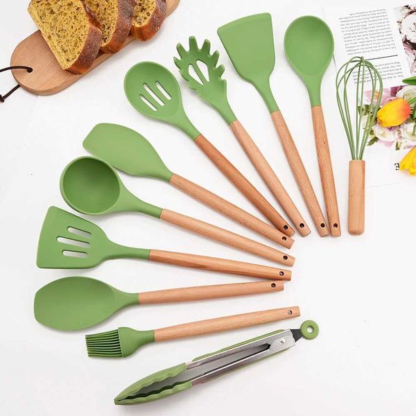 1 silicone wooden spoon spatula scraper avocado green oil brush kitchen cooking tools kitchen utensilsX240831