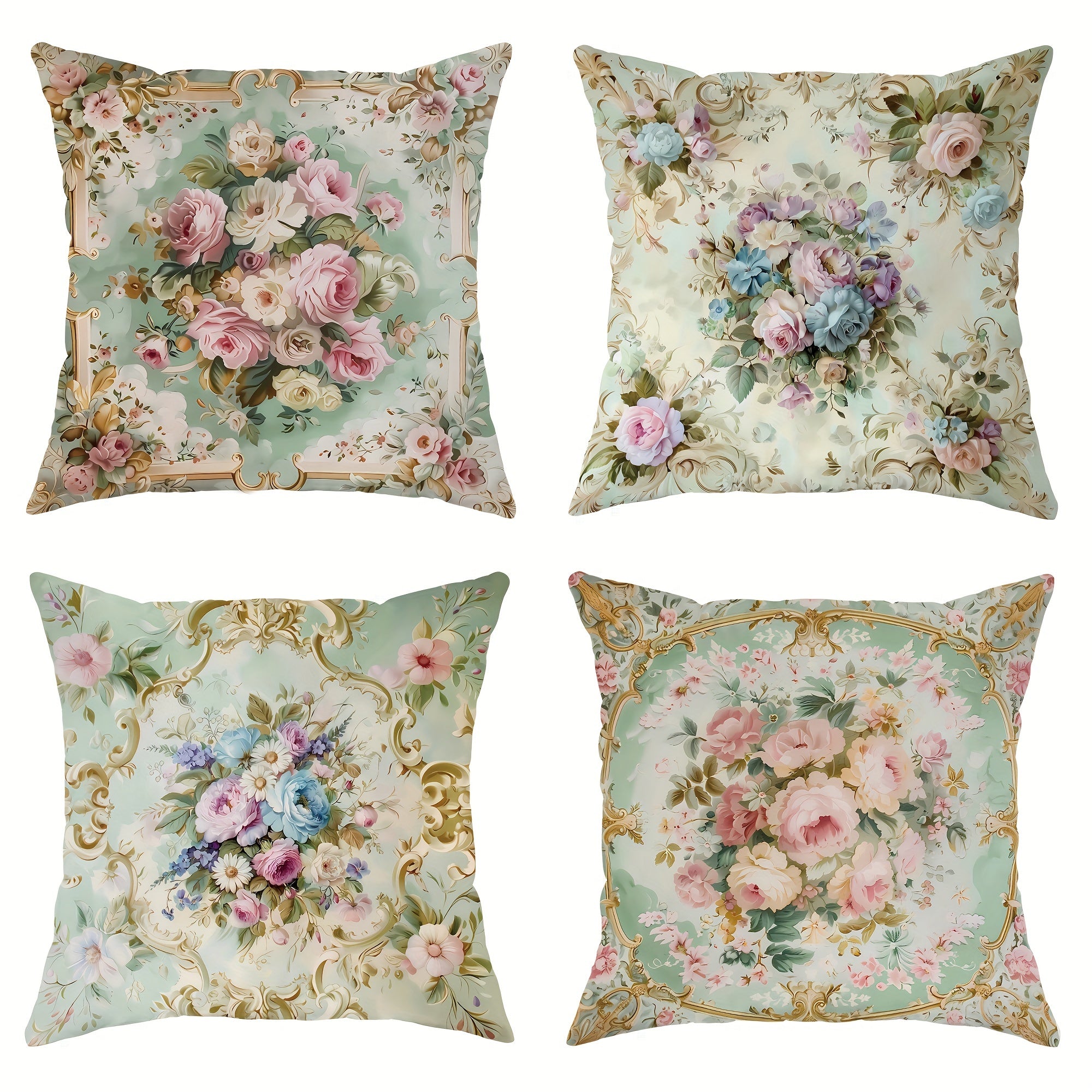 TEMU 4pcs Set, , Floral Plush Pillowcase, Cushion Cover With Zipper, Green Floral Pattern, Machine Washable, Decorative Cover, Suitable For Sofas And