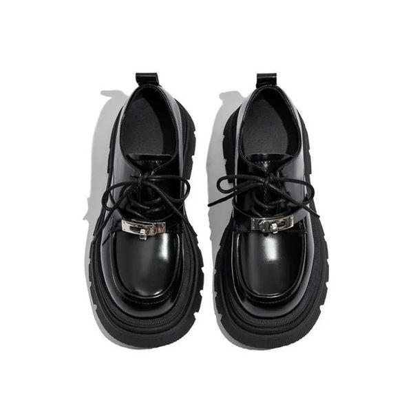 Mocas de plataforma de couro preto com sola grossa para mulheres - Autumn Mary Jane Style Shoes