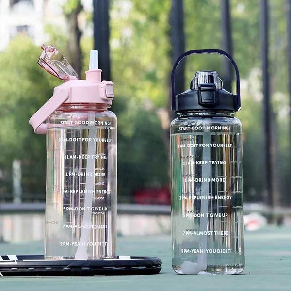 Portable Capacity Water Large Plastic Water Bottle Cup Straw 2L Drink Bottle With Time Marker For Outdoor Sports FitnessXJ2409