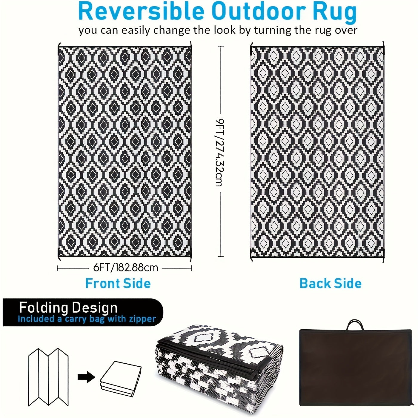 TEMU Large Reversible Weatherproof Camping Mat - Durable Polypropylene Outdoor Floor Mat, Machine Washable For Backyard, Deck, Beach, Picnic, Trailer