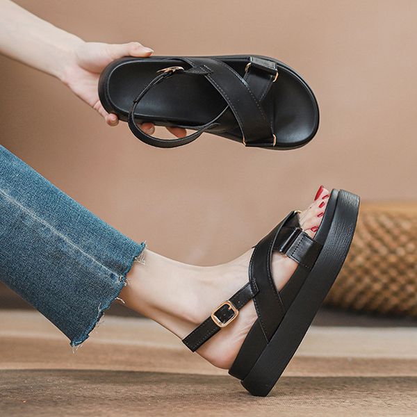 Roman Cross Belt Buckle Sandals Women Muffins Platform Ankle Strap Sandalias Mujer Student Girls Flat Heels Gladiator Shoes 2023