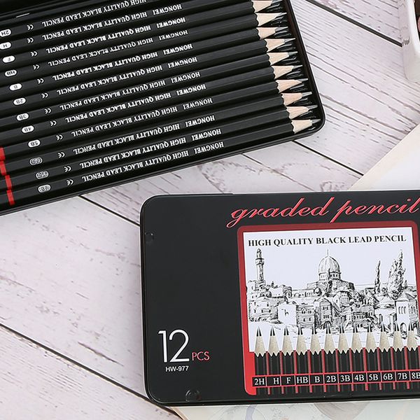 Pencil Hong-wei 2H-8B Drawing Pencil set 12 iron box drawing 2B pencils Sketch painting Black sketch pen