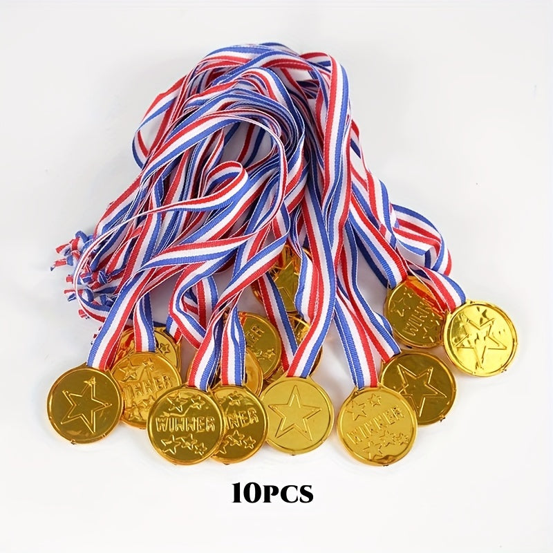 TEMU 10-pack Golden Plastic Winner Medals With Ribbons, Trophy Prizes For Sports, Games, Birthday, Graduation, Bachelor Party Favors, Pinata Fillers,