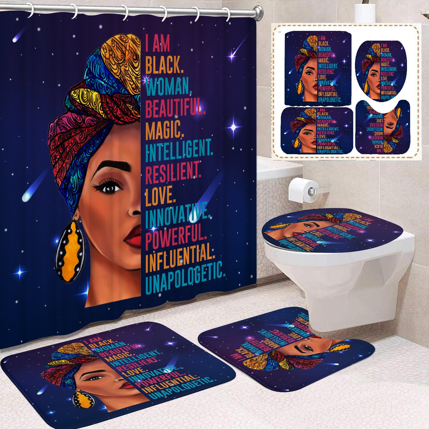 YL-37486 Shower Curtain African Girl Home Bathroom Decoration Curtain Toilet Floor Mat Toilet Non-slip Floor Mat