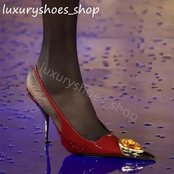 Crystal Slingback Pumps with Metallic Heels | Luxurious Patent Leather Pumps | 2024 Fashion