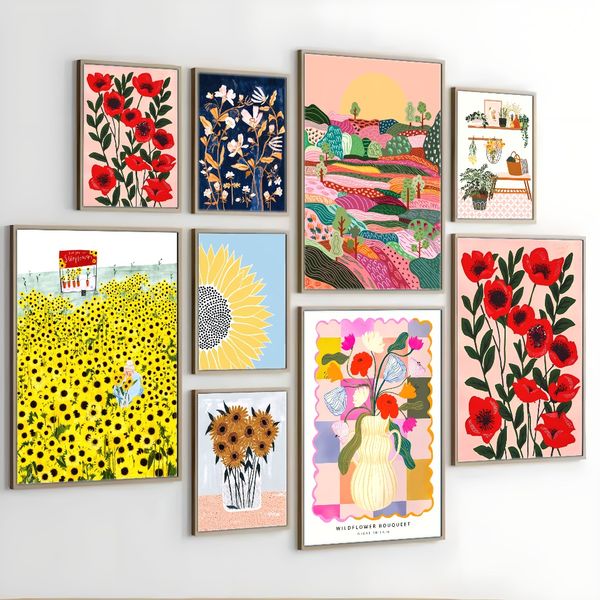 1 piece unframed painting print,Wildflowers in vase, abstract floral painting, minimalism, pink flowers,creative waterproof canvas poster