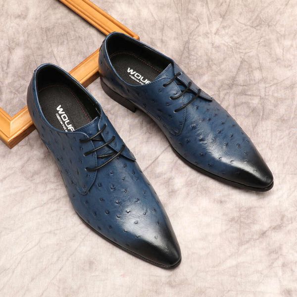 Ostrich Pattern For Formal Summer Genuine Leather Dress Shoe Black Blue Lace Up Wedding oxford Pointy Shoes Men