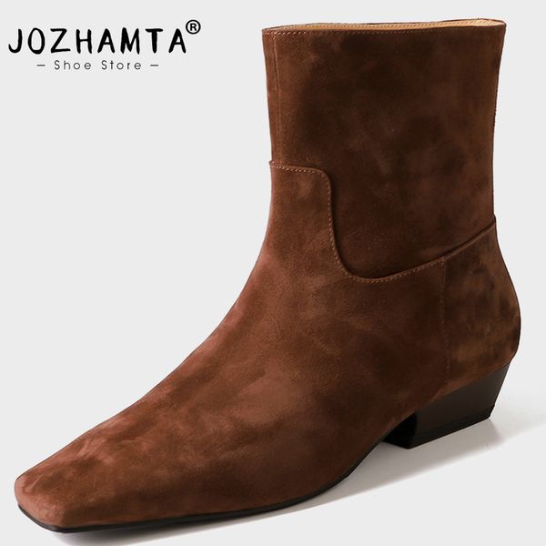 JOZHAMTA Size 34-40 Women Ankle Real Leather Wide Calf Short Knight Boots Vintage Chunky Heels Shoes Winter Daily Dress
