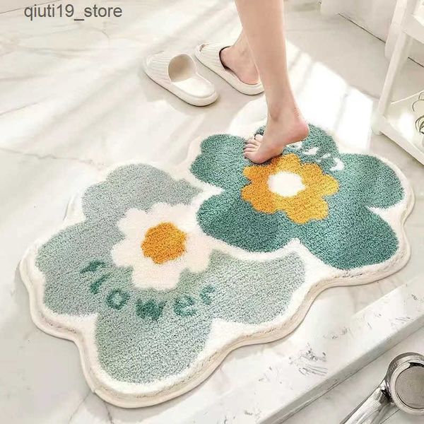 Bath Mats Soft floor mat simple and cute floral carpet plush carpet floor bedroom mat bathroom door absorbent and non slip foot mat J241206