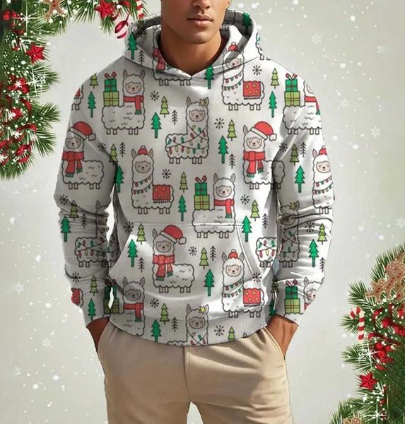 Natal Mens Hoodie Fun Fun Alpaca 3D Impresso Sportswear Autumn Snowman Snow Mens Hoodie Zipper Casual Holiday Mens Clothing X241120