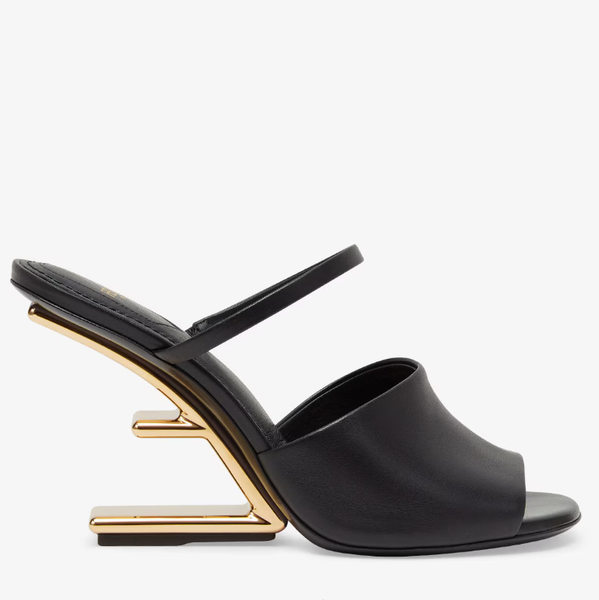 Black leather high-heeled sandals Mink hair First sandals with wide band and strap Top Quality Diagonal F-shaped sculpted heel 8cm Women&#03