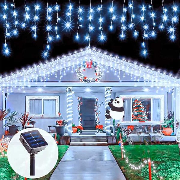 Solar Curtain Icicle Lights Outdoor Eaves Decoration Lights 8 Lighting Modes Wedding Christmas Party Garden Fairy Lights String zyc241120