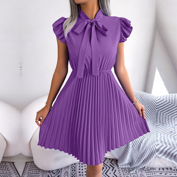 Casual Dresses F Women Spring Summer Elegant Lace Up High Waist Large Fold Dress For Ladies Bow Collar Solid Color Pleated Dresses 230511