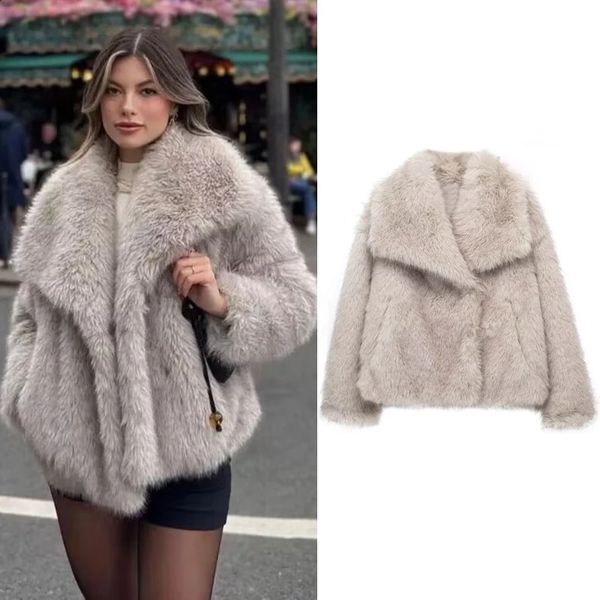TRAF Womens Faux Fur Coat autumn winter 2023 Plush Wool Coats and Mixtures Outerwears Fashio Long Sleeve Warm 241226