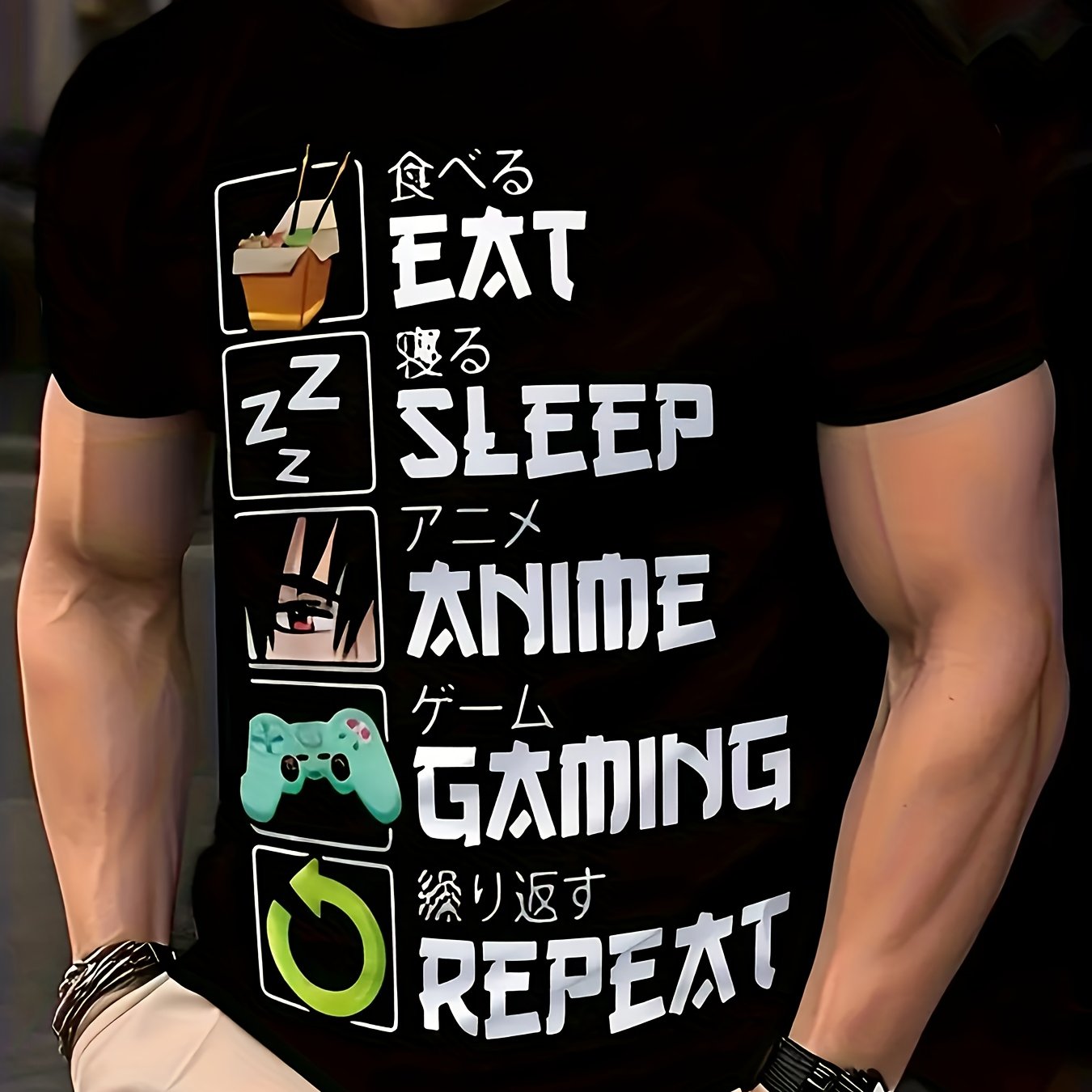 TEMU Men's Summer Casual T-shirt With Unique -inspired 3ds - "eat, Sleep, Anime, Gaming, " Graphic, Crew Neck, Short Sleeve, Polyester, Machine