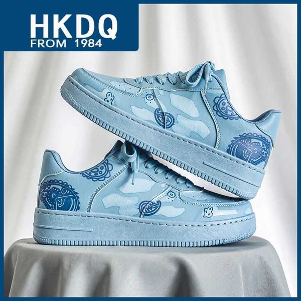 HKDQ Fashion Print Blue Mens Skateboard Shoes Leather Breathable Man Casual Sneakers Platform Non-slip Men Skateboarding ShoesC241214