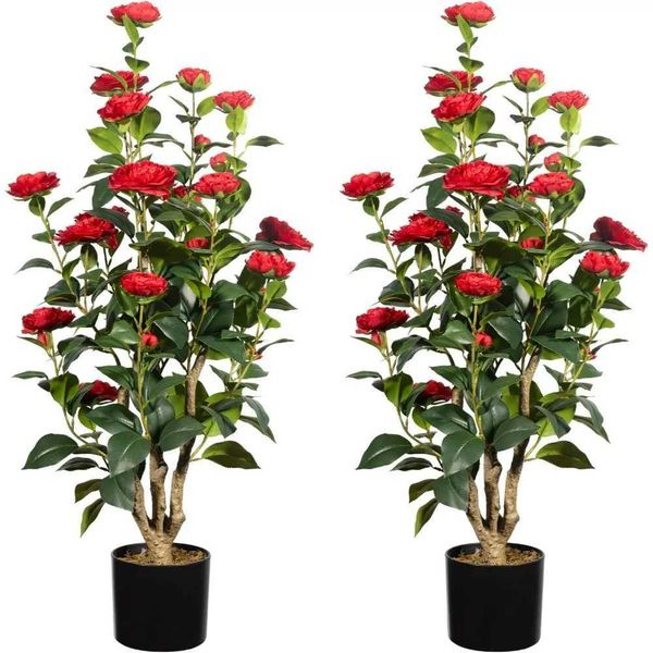 Artificial Camellia Tree 3FT Red Faux Camellia Plant Fake Potted Camellia Flower Trees Plastic Camellias Tree Y240801