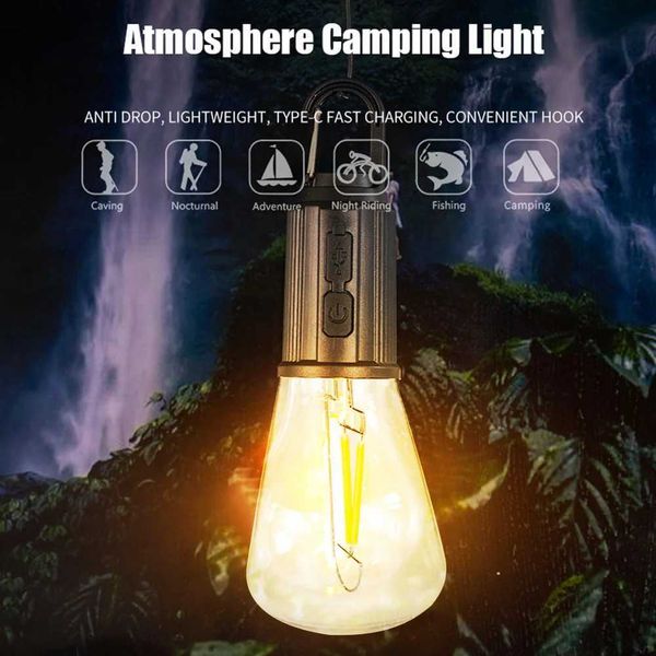 LED Light Outdoor Retro Hanging Light Bulb Type-C Charging Camping Tent Garland Garden Party Decoration Night Light with HookB240731