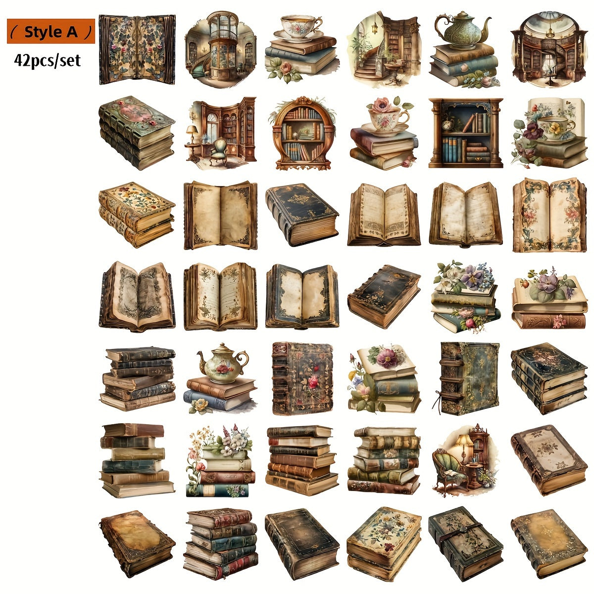 TEMU 42pcs Vintage Book And Tea Cup Stickers Set, Embroidered Decorative Decals For Scrapbooking, Journals, Albums, Diy Crafts, , Mixed Colors,