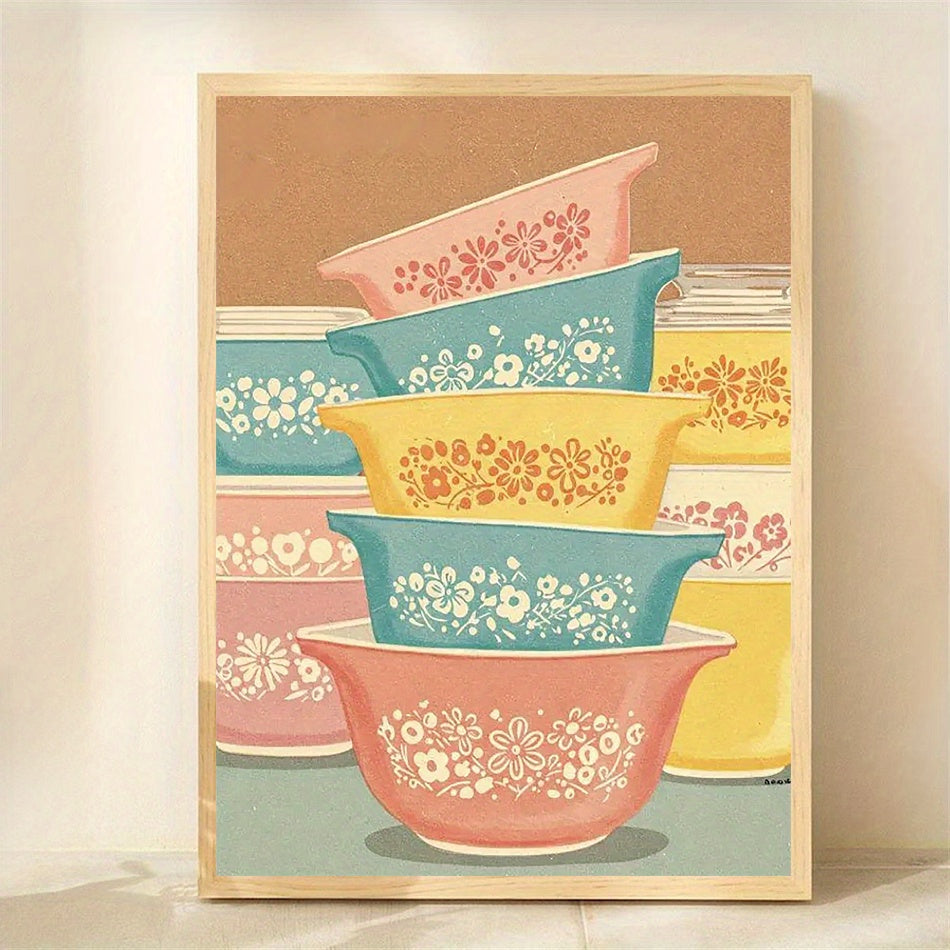 TEMU 1pc Vibrant Mid-century Modern Kitchen Art Print, 12x16" Frameless Canvas Wall Decor With Retro Floral & - Durable Poster For Home, Office, Cafe