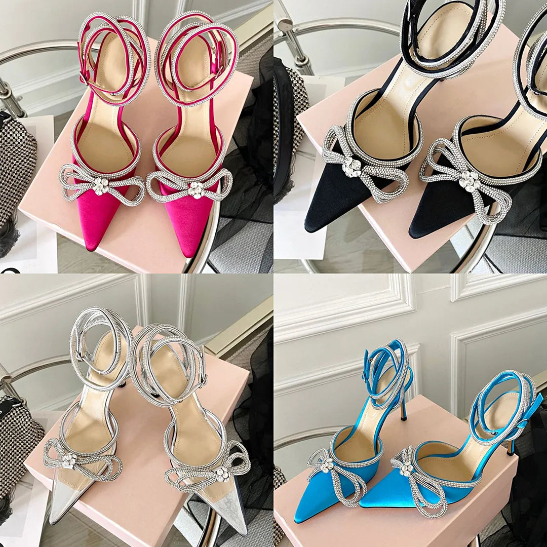 Luxury Designer Brand Women Formal Shoes MACH Slim High Heel Sandals Fashion Bow Water Diamond Decoration Quality 10CM High Heel Women Sandals Facto
