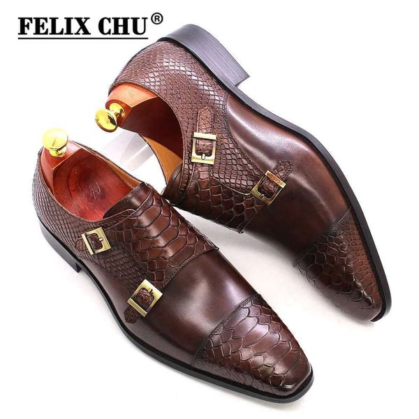 Size 39 to 46 Mens Dress Genuine Leather Double Buckle Monk Strap Men Snake Print Cap Toe Classic Italian Shoes free shipping shoes