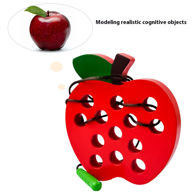 Toddler Early Learning Apple Threading Toys Wooden Puzzle Pulling and Threading Toys Games