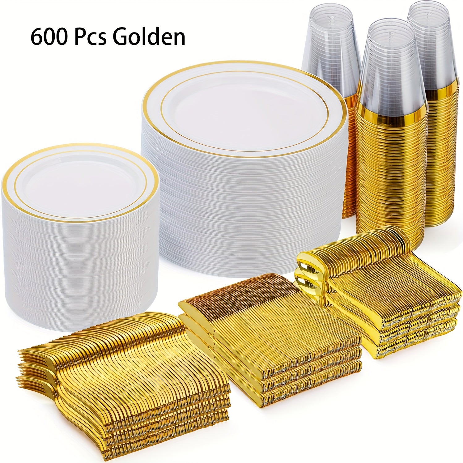 TEMU 600pcs Golden Disposable Plates For 100 Guests, Plastic Plates For Party, Dinnerware Set Of 100 Dinner Plates, 100 Salad Plates, 100 Spoons, 100