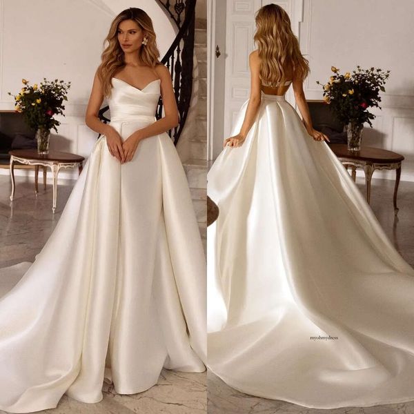 Glamorous Mermaid Dresses Overskirts V Neck Satin Wedding Dress Sweep Train Robe De Mariee Bridal Gowns 0515