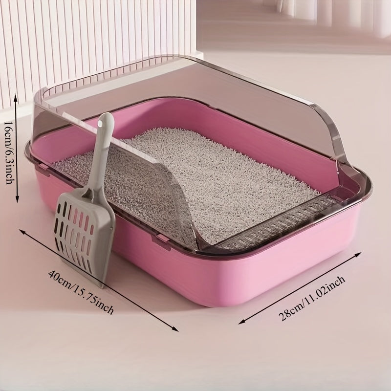TEMU Popular Semi-enclosed Cat Litter Box With Scoop - Durable Polypropylene, High Edges & Thick Base, Design, Rectangular Easy- Waste Bin For Cats,