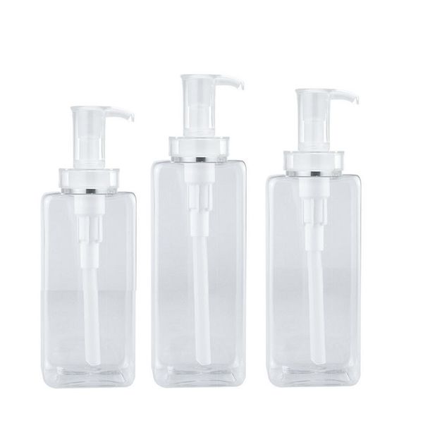 Shampoo Bottle Empty Clear Flat Shoulder PET Cosmetic Packaging White Pump Plastic Body Scrub Lotion Refillable Bottles 100ml 200ml 300ml 40