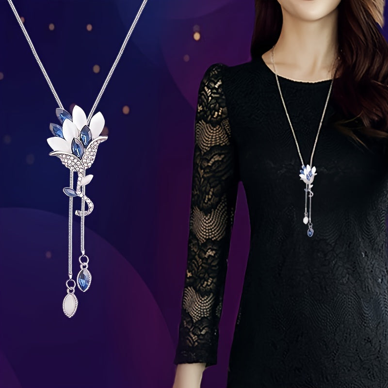 TEMU New Arrival - Elegant Floral Crystal Tassel Necklace For Women, Versatile Long Sweater Chain, Alloy With Artificial Crystals, Casual Attire,