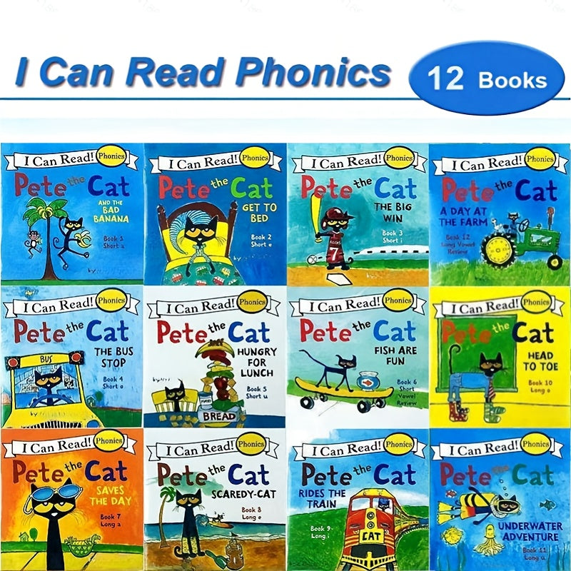 TEMU 12 Books Phonics Book - The Cat Series Story Books, Featuring Short And Long , English Pocket Book Bedtime Story Reading English Learning