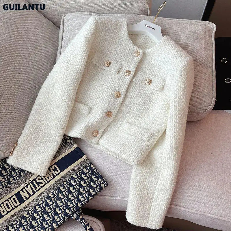 Spring Autumn Korean Y2k Chic Female Tweed Basic Jacket Coat Women Clothing O Neck Long Sleeve Woolen Short Outerwear 240118