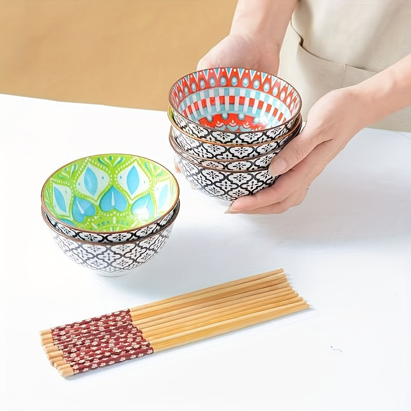 TEMU Handmade Ceramic Bowl 6pcs Set, Bohemian Style, 4.72 Inch Color Underglaze , Creative And Retro Noodles In Soup Bowl, Microwave Oven And