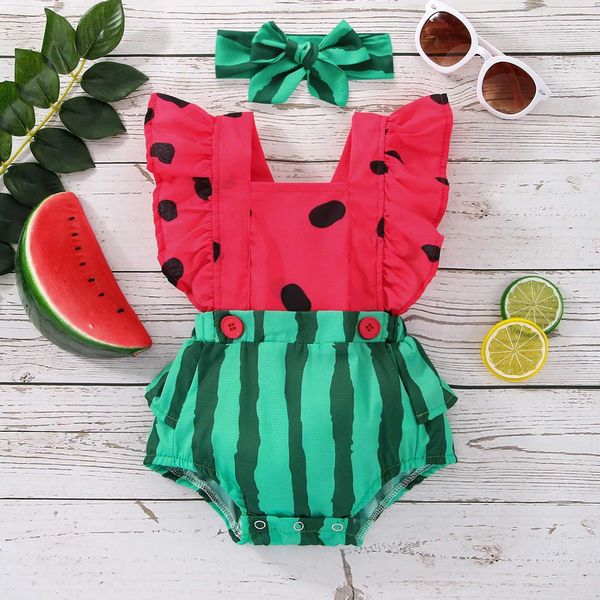 Citgeett Summer Infant Newborn Baby Girls Boys Bodysuit Outfits Watermelon Print Fly Sleeve Jumpsuit Headband ClothesC250117