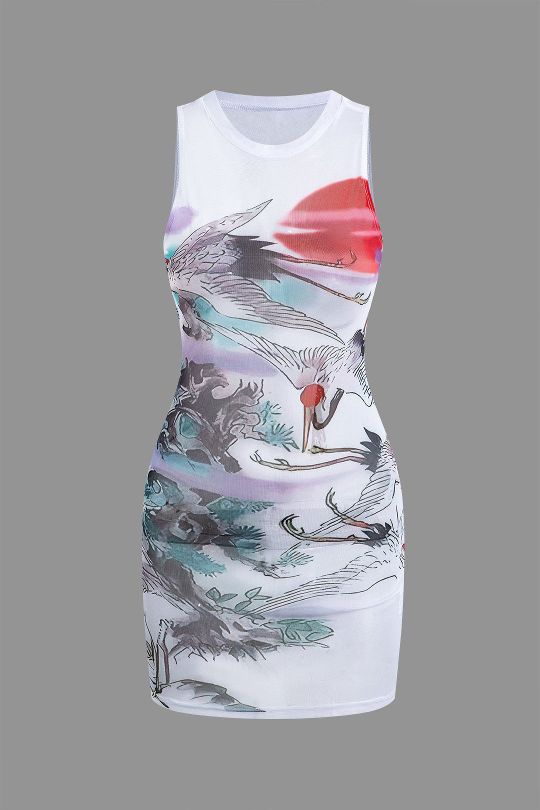 Chinoiserie Pattern Mesh Tank Mini Dress