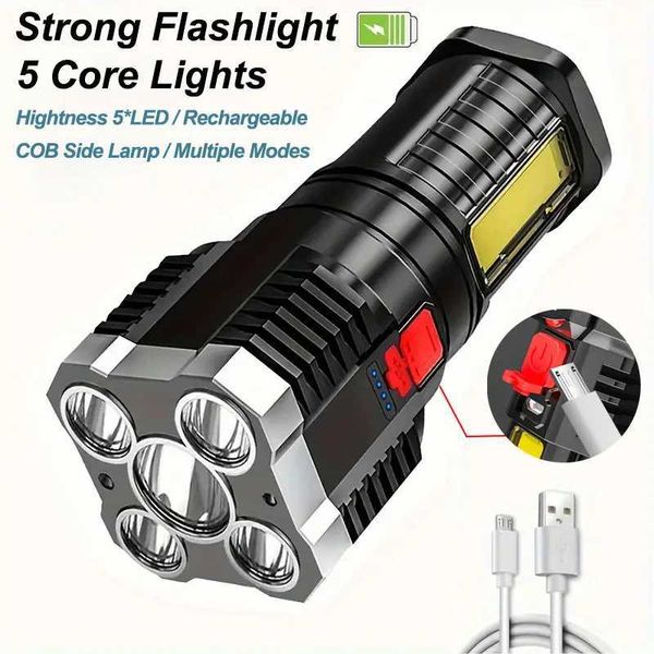 5 LED flashlights high-power camping spotlights USB charging COB side lights 4-light mode for outdoor adventure hiking B240806