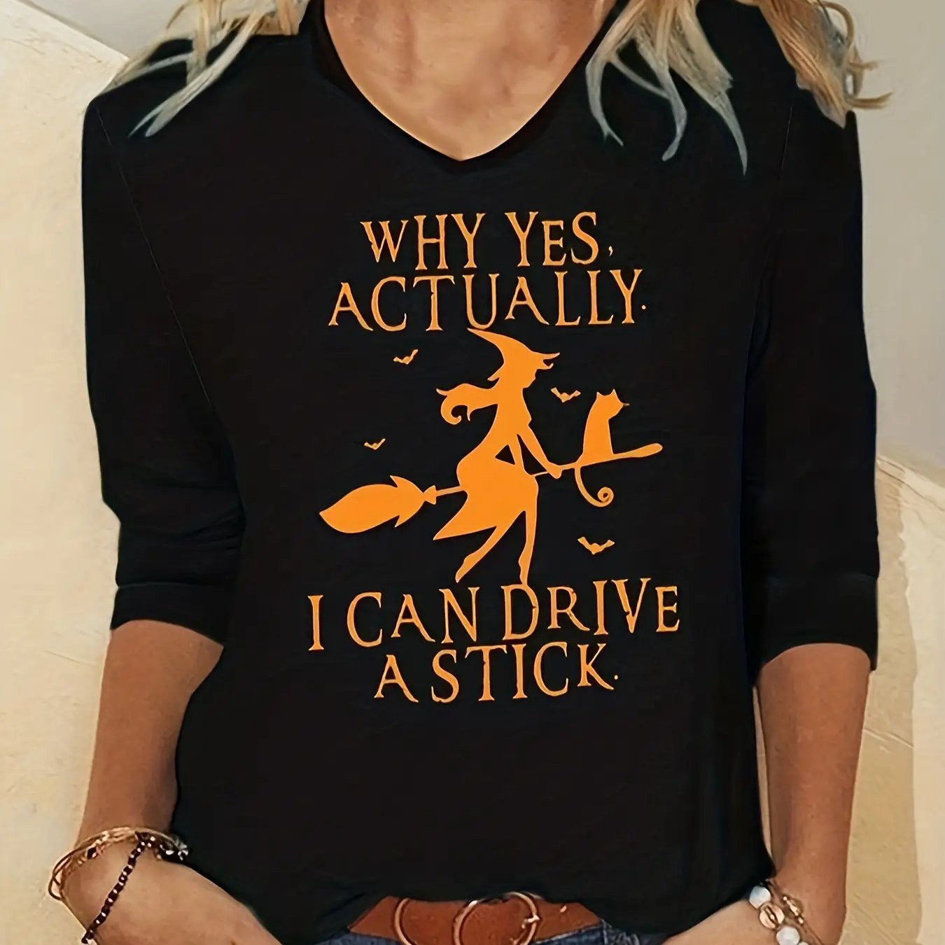 TEMU Halloween Casual T-shirt, Women's And Bat Print, Medium Stretch Top.