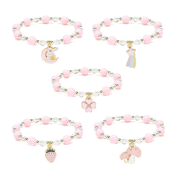 Rosafarbenes Acryl- und synthetisches Hämatit-Stretcharmband mit Legierungs-Emaille-Anhängern für Frauen