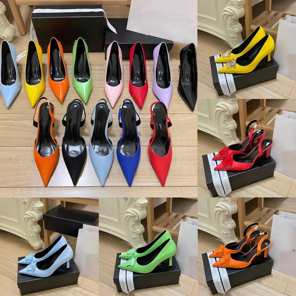 Black French high heels women&#039;s metal beauty head European and American designer Medusa queen rhie one foot sole womens sandals