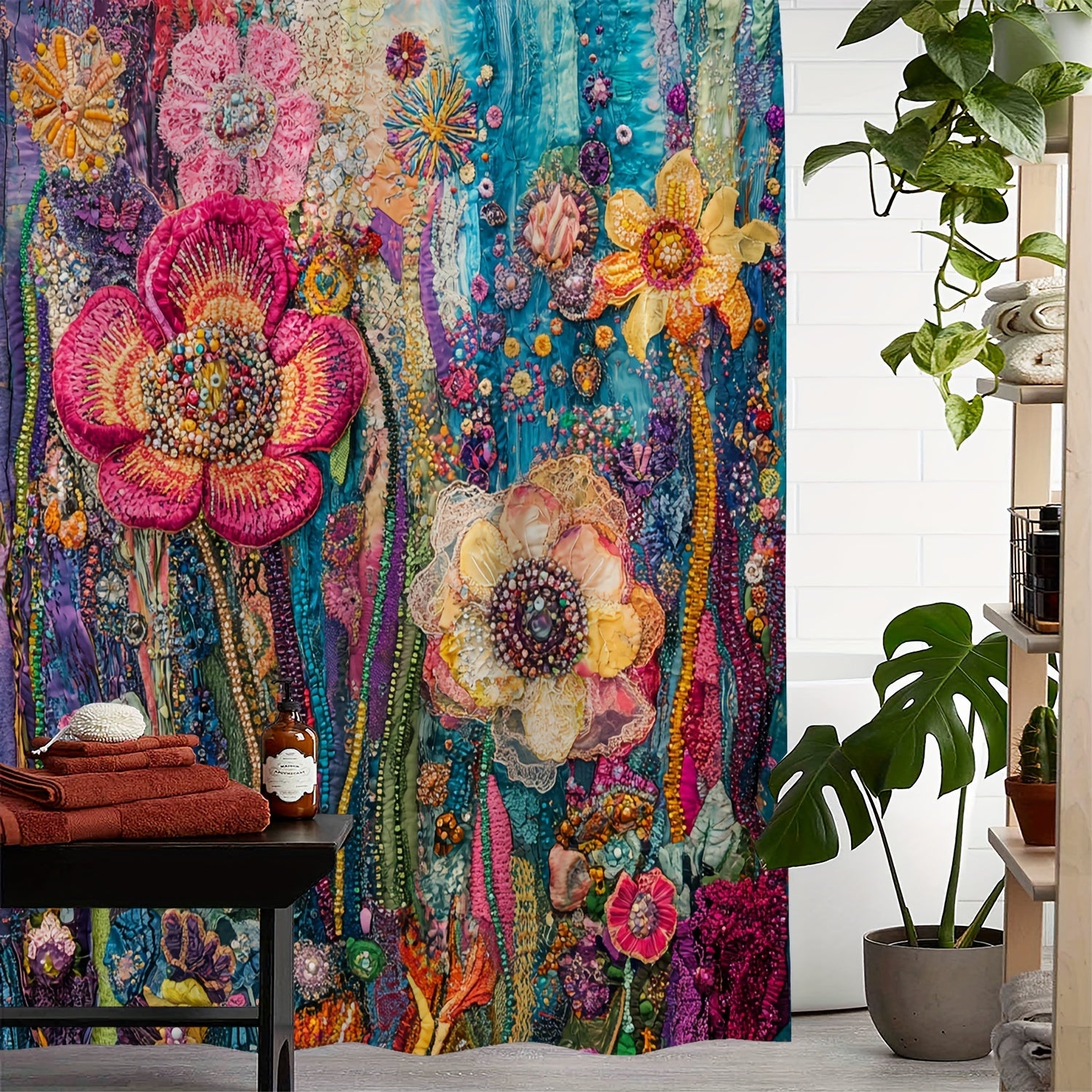 TEMU 1 Vintage Colorful Beaded Floral Print Shower Curtain And Window Curtain With 12 Hookscurtain For Windows