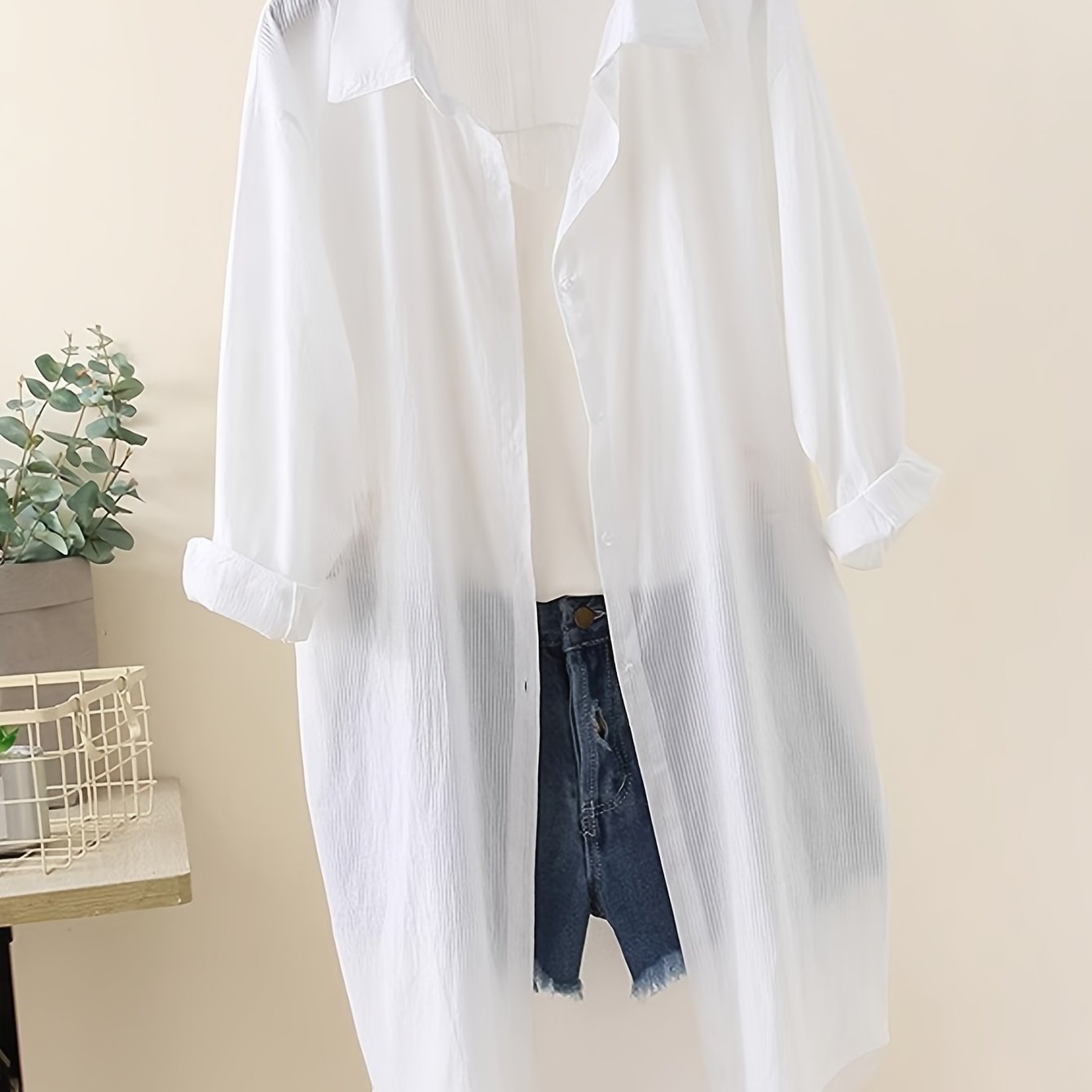 TEMU White Loose, Thin Sun-protective Jacket For Women, Autumn And Winter Outerwear, Smock, Ice Mid-length Shirt, Striped Long-sleeved Top