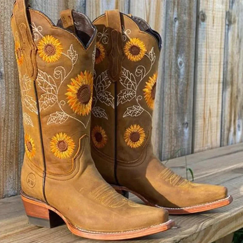 Women Coffee Brown Embroidery PU Leather Printed Western Cowboy Deep V-mouth High Tube Casual Boots Classic 240724