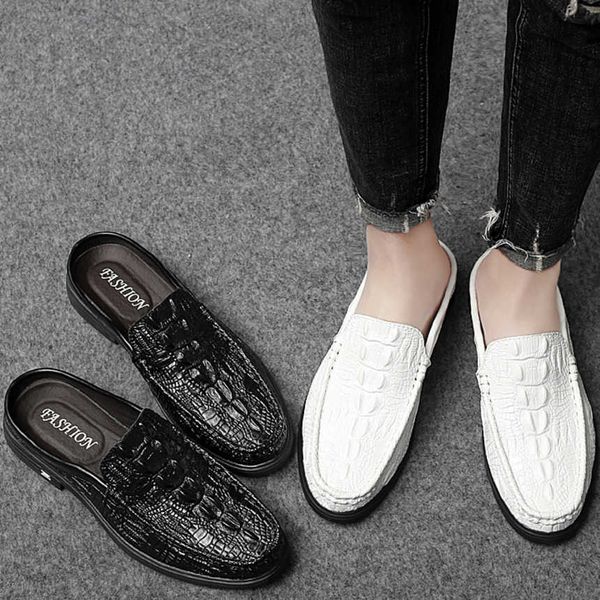 Men Dress Shoes Mens Summer Fashionable Breathable Half Dragged Casual Shoes Mens Korean Edition Crocodile Pattern Casual Leather Shoes 2410